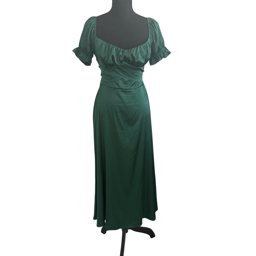 Shein Womens Milkmaid Babydoll Green Satin Maxi Dress M Cottagecore Fairycore